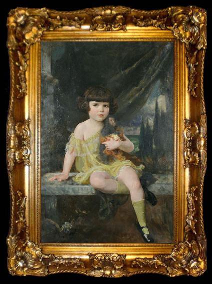 framed  Douglas Volk Young Girl in Yellow Dress Holding her Doll, ta009-2